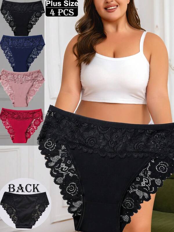 4 peças de roupa íntima feminina plus size - design de alta qualidade com renda floral, calcinha de cintura média elástica e respirável, renda delicada ultramacia para conforto diário (combinação essencial)
