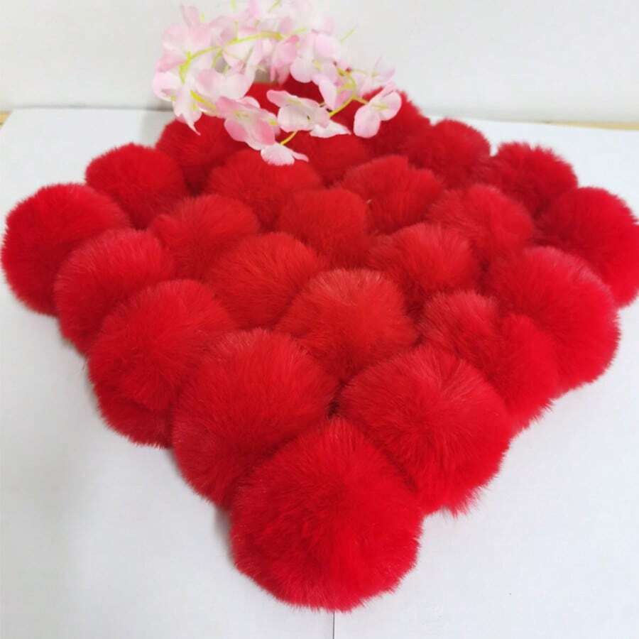 20pcs Faux Fur Pom Pom Ball- 2.76 Inches Fluffy Pompom With Elastic Ring, Keychain, Scarves, Gloves, Bags Accessories - Red - View 1