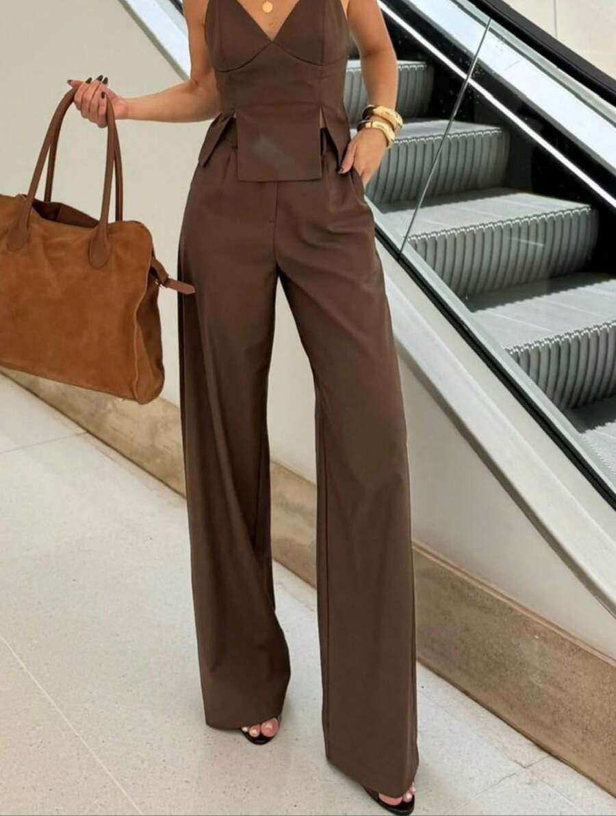 Straight, Wide-Leg Suit Pants. Floor Length - 摩卡棕 - 查看 1