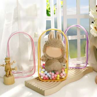 适用于 17 厘米 LABUBA 怪兽激动人心人物的透明保护套 - PVC 包，带可拆卸钥匙扣，用于收藏玩具和化妆品，便携式旅行或家居装饰包（7 英寸），Ladudu 娃娃收纳袋