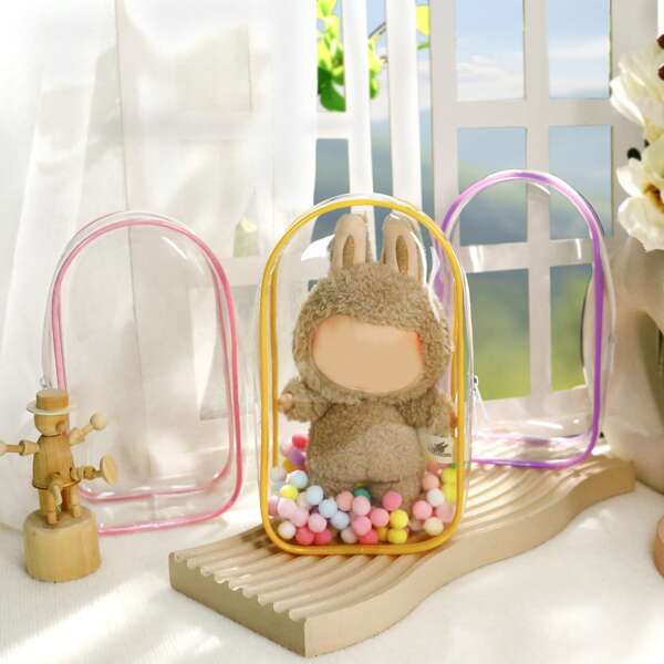 Clear Protective Cases For 17cm LABUBA Monsters Exciting Figures-PVC Bag With Detachable Keychain For Collectible Toys And Cosmetics, Portable Cases For Travel Or Home Decor (7 Inches), Ladudu Doll Storage Bag