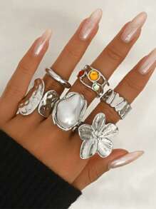6 pièces/Set Ensemble de bagues ouvertes exagérées décorées de fleurs métalliques vintage et de faux perles
