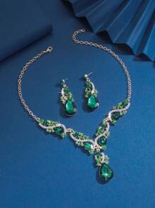 [1 Set Boho Chic Jewelry] 1 Set Boho Chic Y-Necklace And Dangle Earrings Jewelry Set | Alloy With Green Gemstone Accents | Versatile For Daily Wear And Gifting, Earth Day Celebration Accessory
