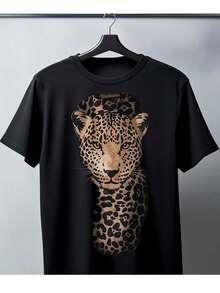 Black Pure - Cotton Men's T - Shirt: Leopard Head Pattern Theme