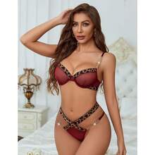 Local Delivery--Sexy Lingerie Set Mesh See Through Underwire Bra Panty Set Leopard Splice Push Up Lingerie With Chain - 酒紅色 - 查看 4