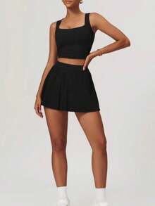 Women's High Waist Pleated Skirt With Built-In Shorts And Stretch Waistband - 黑色 - 查看 4