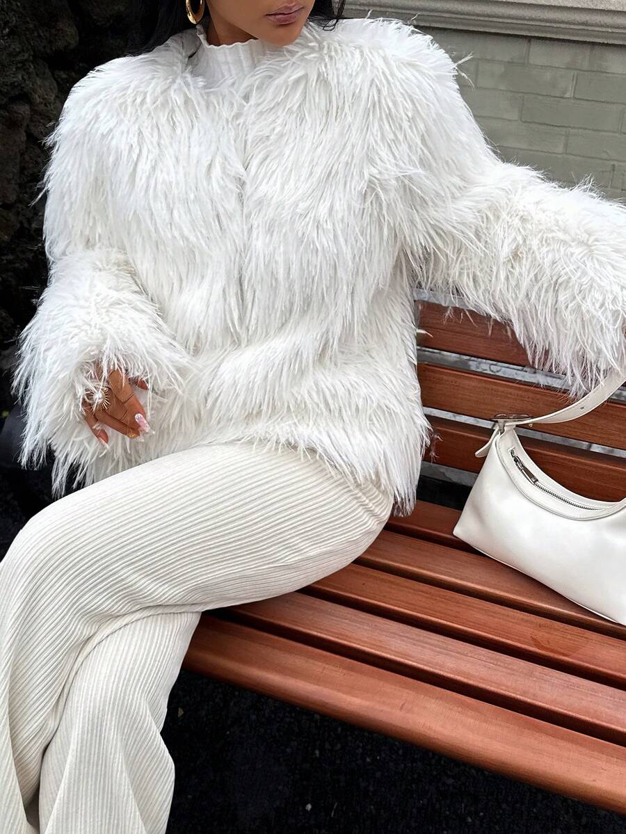 DEEKA Autumn/Winter New Fashionable Minimalist Faux Fur Long Sleeve Jacket Coat For Women - White - View 1