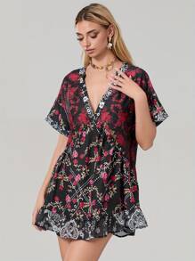 Women's Summer Babydoll Dress Bohemian Floral Print Short Sleeve V-Neck Flowy Dress With Pockets