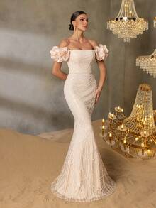 Faeriesty Haute Glamour Luxury Beaded Mermaid Evening Gown With Puff Sleeves – Off-Shoulder Silhouette, Floor-Length Train For Luxe Festivals & High-Profile Events - 杏色 - 查看 1