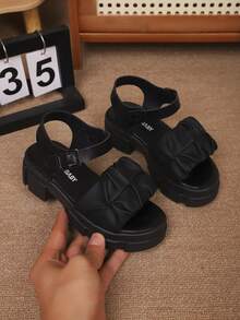 1 Pair Summer Fashion Soft Platform Wedge Sandals For Girls, Suitable For Princess Aged 3-15 For Outdoor Walking, Travel, Party, Beach - Black - View 6
