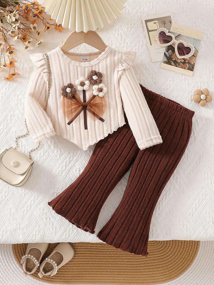 HAO6 Baby Girl Autumn New 0-3 Years Old Fashion Set, Beige Long Sleeve Top With Crochet Flower & Bow, Paired With Brown Pants, Baby Girl Casual Ribbed Fabric Long Sleeve & Pants Set - Apricot - View 1