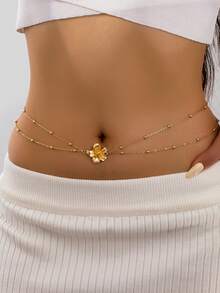 1 件女士腰链，金色金属五叶花形串珠链，性感腰链，优雅魅力，适合海滩、比基尼配饰（珠子随机） - 金黃色 - 查看 2