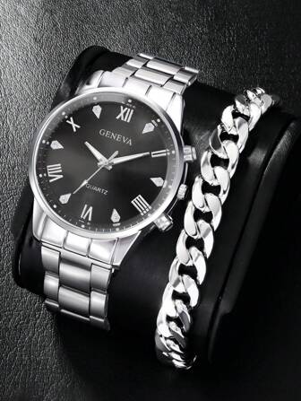 2pcs/Set Boy's Sports Alloy Disc Dial Quartz Watch & Hollow Chain Bracelet, Suitable For Daily Wear