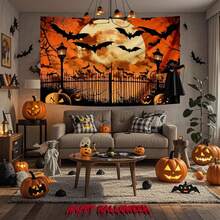 1pc Scary Halloween Hanging Banner, Bat Fly Over Graveyard Pattern Banner, Suitable For Halloween Party, Holiday Party, Home Decor, Perfect For Halloween Decoration