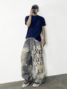 1 Stück Vintage-Stil grafischer Muster, locker sitzende, lässige Weite Bein Jeans Hose für Herren, Emo-Stil