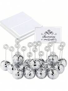 10 piezas Soportes para fotos + 10 piezas Soportes para tarjetas de nombre de bolas de discoteca doradas, soportes para números de mesa con bolas de discoteca doradas y alambre retorcido, y tarjetas de lugar para exhibir el menú en bodas, fiestas de cumpleaños (5 cm)
