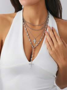 4 pezzi set di collane multistrato con pendente geometrico rotondo in metallo vintage, collana con ciondolo a croce di Gesù in stile punk per donna