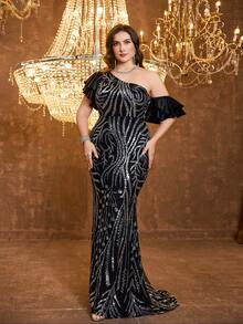 UNITHORSE Plus Women Elegant Asymmetric Shoulder Sequin & Contrast Lace - Ruffle Cuff Fitted Bodycon Formal Dress