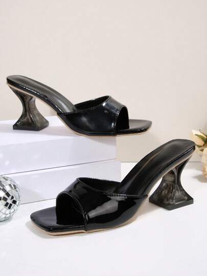 女士夏季新款高跟拖鞋，优雅透明高跟凉鞋，时尚不对称水晶高跟凉鞋，适合晚会、派对、婚礼、办公室等场合，黑色凉鞋