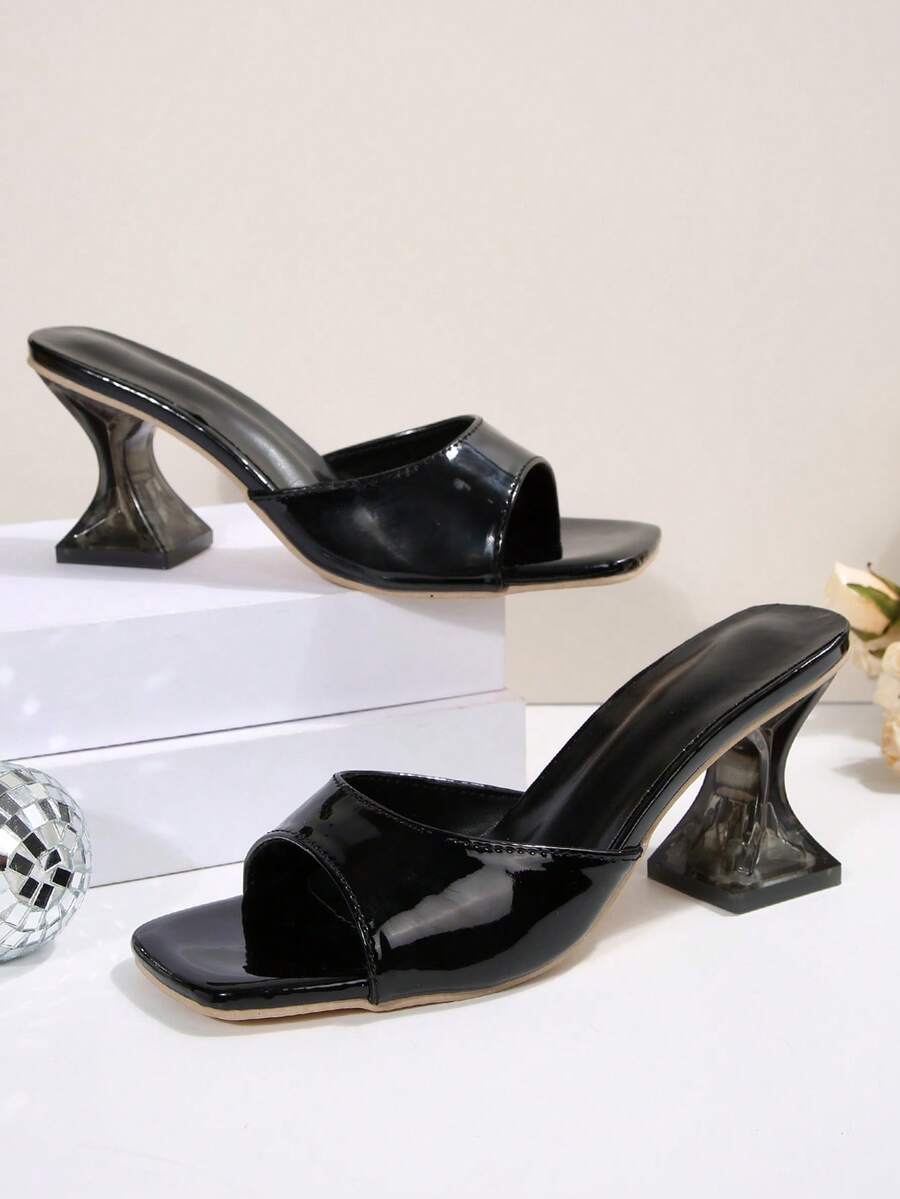 女士夏季新款高跟拖鞋，优雅透明高跟凉鞋，时尚不对称水晶高跟凉鞋，适合晚会、派对、婚礼、办公室等场合，黑色凉鞋