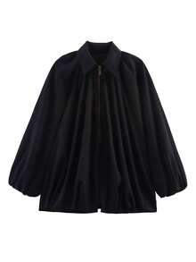 Women's Oversized Black Bomber Jacket - Long Sleeve Front Zipper Casual Outerwear Coat - Black - View 2