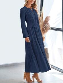 Women Fall Maxi Dresses Long Sleeve High Waist Tiered Flowy A-Line Boho Bohemian Long Dress Beach Holiday Vacation Wedding Guest Valentine Outfit - 藏蓝色 - 查看 4