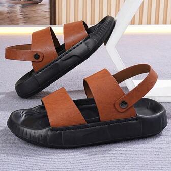 Men's Summer Casual Slippers, Breathable Fabric Upper With Thick Cushioned Sole, Adjustable Hook & Loop Closure Design, Suitable For Commuting, Outdoor Leisure Walking, And Home Relaxation