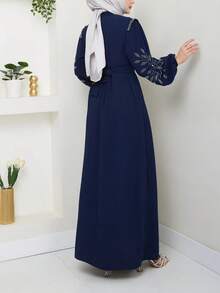 Đầm maxi dài tay màu trơn thanh lịch dành cho nữ, chi tiết khóa kéo, đính ngọc trai và đá quý, kiểu Abaya, thời trang Trung Đông Thổ Nhĩ Kỳ, thích hợp cho lễ Eid mùa xuân. - Màu xanh hải quân - Xem 3