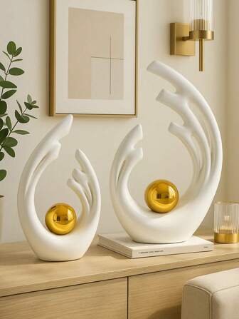 1/2 件白色和金色球体雕塑 - 现代抽象极简主义装饰，适用于客厅、卧室、办公室 | 乔迁礼物 | 感恩节和秋季季节性造型