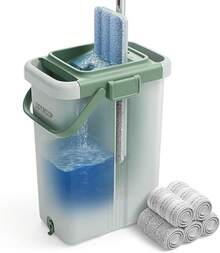 JOYMOOP - Juego de fregona y cubeta con escurridor, con Manos Libres, 3 Almohadillas para Orejas de Microfibra Lavables, Uso en húmedo y, Sistema de Limpieza de Suelos - verde - Ver 2