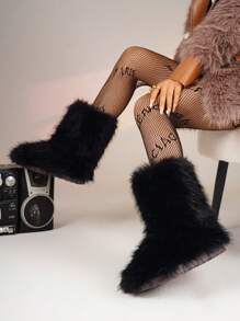 Damen Schneestiefel in einfarbig 2025 Neu Herbst/Winter rutschfest Schlüpfen Pelzig Kunstfuchs Thermofutter Dick Warm Modisch Schlicht Sexy Schlank Plüsch Damenschuhe, Große Größen