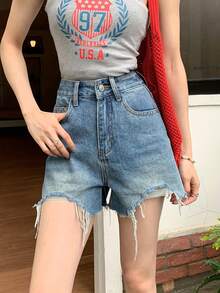 Quần short denim nữ ống đứng, gấu quần rách, kiểu dáng thường ngày. - Màu xanh nhạt - Xem 1