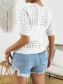 Cardigan de malha de manga curta casual feminino plus size - Branco - Ver 3