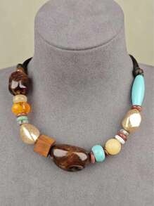 1pc Bohemian Style Turquoise Leopard Print Necklace With Inlaid Wooden Beads And Asymmetrical Colored Stones, Fashionable Exaggerated Necklace For Women, Suitable For Daily Wear, Banquet And Vacation