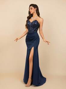 MOEVIO 女士奢华晚礼服露肩亮片紧身胸衣 V 领褶饰开叉大腿长款正式舞会婚纱新娘、生日女士服装 - 藏蓝色 - 查看 3