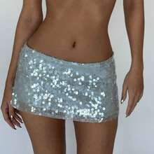 Women Y2K Summer Vintage Sequin Mini Skirt Low Waist Sparkle Glitter A-Line Bodycon Skirt Night Out Dance Party Shiny Short Skirt - 藍色 - 查看 1