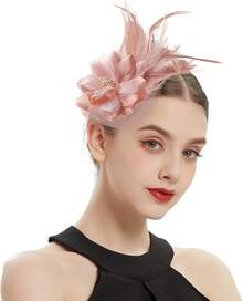 Fascinators Hats Women,Tea Party Fascinator Hair Clip With Feathers Wedding,Derby Hats Headbands - 款式1-粉紅色 - 查看 2