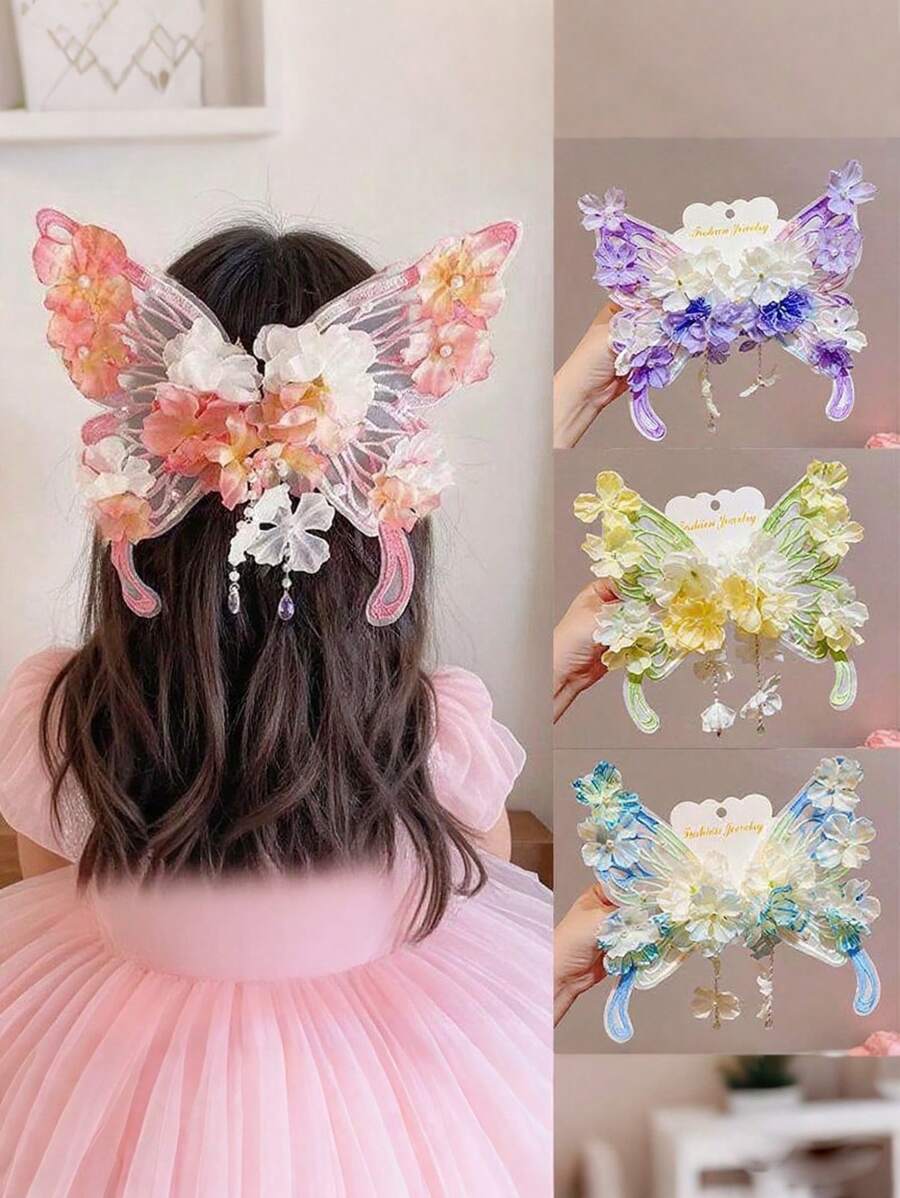 2 buc agrafe de păr cu fundă mare din șifon pentru copii, agrafe de păr cu ciucuri și perle florale fantezie, potrivite pentru petreceri și ieșiri zilnice (fără card)
