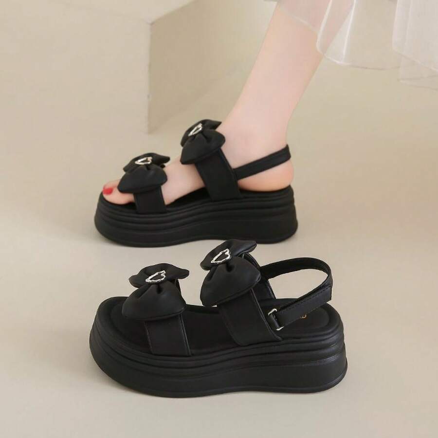 黒プラットフォームリボン甘いサンダル女性の夏の 2025 新しい小さな厚底ベルクロサンダル - ブラック - チェックする 1
