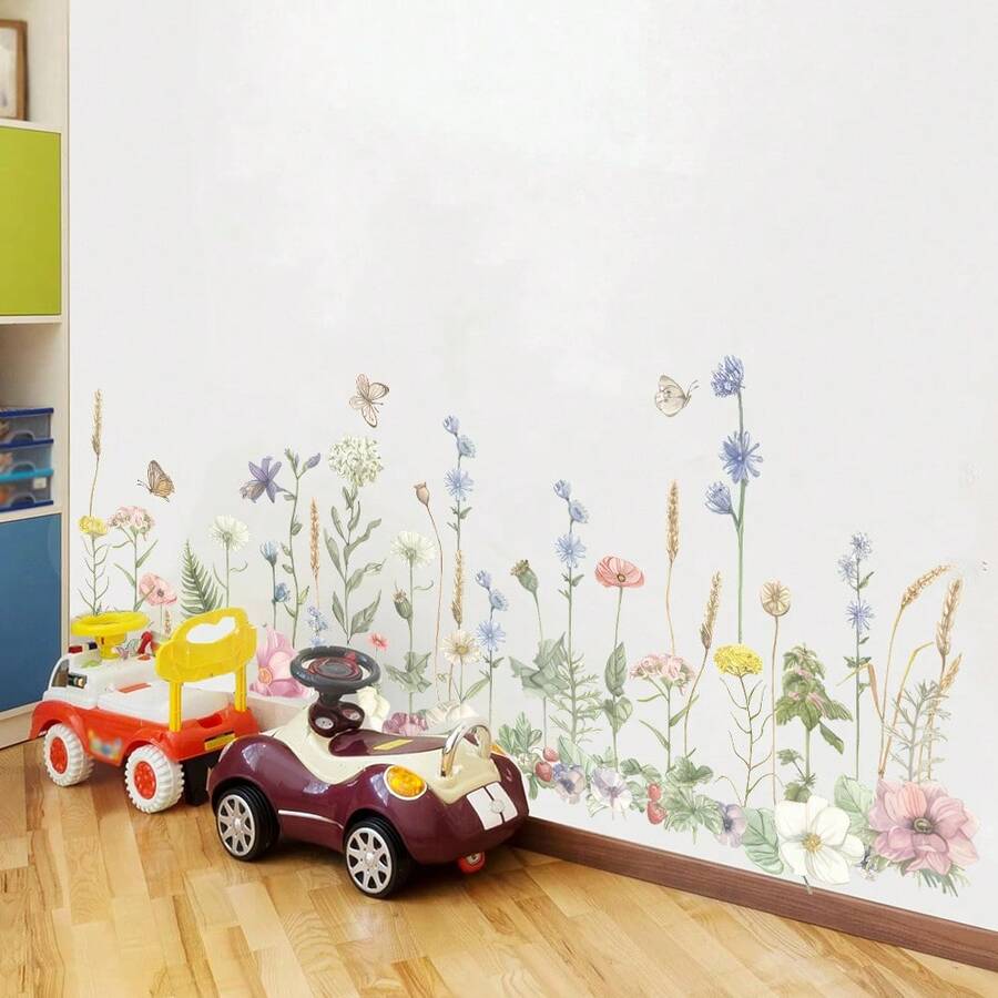 1 套水彩野花蝴蝶新鲜植物仙女墙贴花，蘑菇叶花卉，公主，适用于卧室客厅家居装饰 - 彩色 - 查看 1