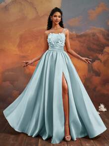 VIPGIRL Eisblau Abendkleid im A-Linie Stil mit asymmetrischem Kragen und 3D Blumen, elegantes geteiltes Tüllkleid für den Abschlussball, Brautjungfernkleid, Abendgarderobe, Abschlussballkleid, Hochzeitsgastkleid, bodenlang, Partykleid, Frühjahr Sommer Kleid