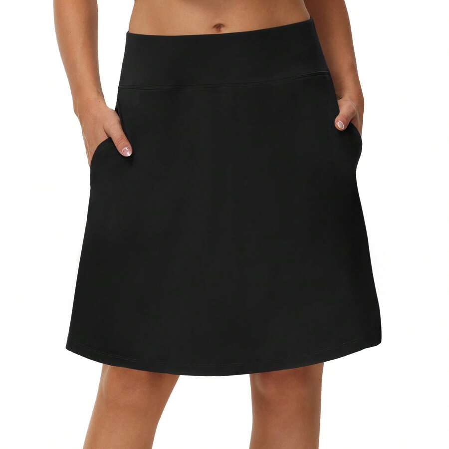 Women's 20" Knee Length Skorts Skirt Athletic Tennis Golf Running Modest Casual Sport Skorts With Pocket - 黑色 - 查看 1