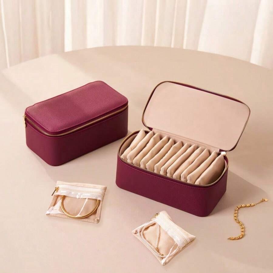 Portable Jewelry Box, Necklace Bracelet Pendant Storage Case, PU Leather Travel Jewelry Organizer With 6/12 Velvet Pouches, Suitable For Birthday, Anniversary, Bridesmaids, Valentine's Day, Travel Essential For Women Storage Organizer Travel Essentials Back To School Dormitory Storage,Room Decor