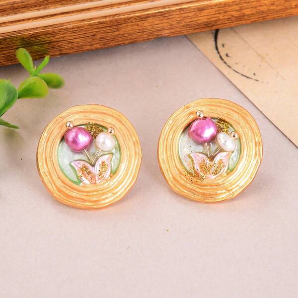 3pcs/Set Elegant Painting Flower Shape Necklace, Earrings & Ring Jewelry Set Gift For Women