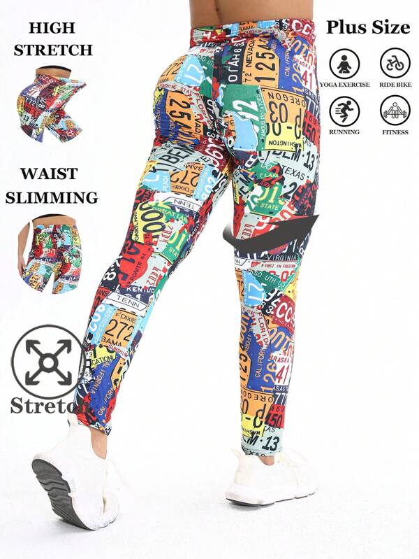 1pc Women Plus Size Bottoms, Number Patchwork Design Leggings, High Elasticity Sports Tights For Outdoor Workout, Running, Home Exercise, Butt Lifting, Shaping Yoga Pants, Gym Fitness, Jogging, Slim, Solid Color, Soft Comfortable Fleece Cropped Pants