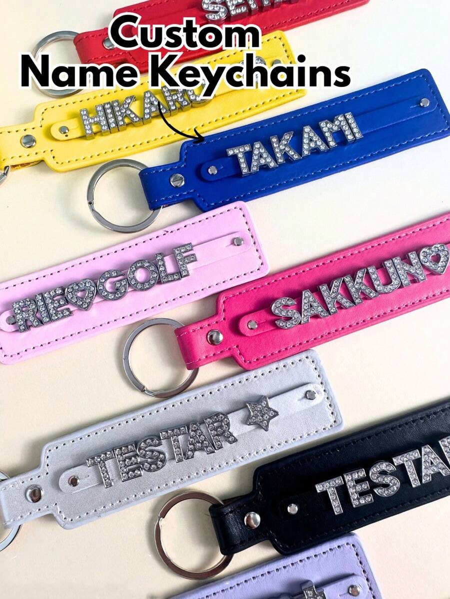 Custom Rhinestone Name Keychain, Personalized Leather Car Accessory, Letter Keychain, Backpack Charm