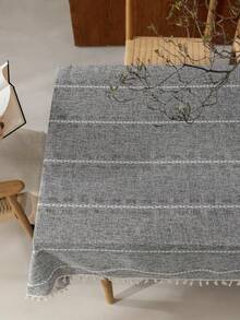 1 pieza Mantel de estilo country americano retro elegante con cuadros grises y calado, rectangular con rayas bordadas y borlas, uso múltiple, adecuado para fiestas festivas, cumpleaños, banquetes, hoteles, hogar, decoración de dormitorio - Gris Oscuro - Ver 7