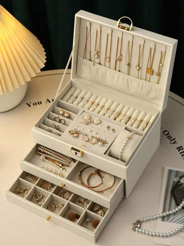 SONGMICS Jewelry Box With Glass Lid, 3-Layer Jewelry Organizer, 2 Drawers, For Big And Small Jewelry, Jewelry Storage, Modern Style, 8 X 9.1 X 5.3 Inches, Cloud White And Gold Color UJBC239WT