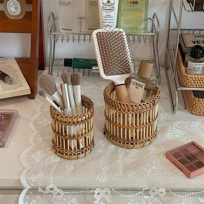 1pc Cylinder-Shaped Rattan And Bamboo Hollow Decorative Storage Organizer Basket, Handwoven, For Home/Kitchen/Office, Suitable For Storing Utensils, Cutlery, Tea Sets, Stationery, Bath Items, Cosmetics