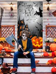 Semn de bun venit 2D pentru ușă de Halloween - Scenă cu castel de dovleac și lună și lilieci - Poliester durabil 70,8x35,4 inci Decor interior/exterior pentru Halloween, grădină, terasă - Nu necesită electricitate, Decorațiune de Halloween, Sărbătoare, Imprimare de înaltă calitate, Decor fără electricitate, Planificator de petreceri
